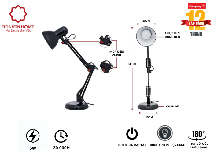 Đèn bàn bảo vệ thị lực DKL14 B B (màu đen, bóng led daylight)
