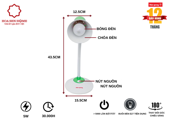 Đèn bàn bảo vệ thị lực DKL15 WG B (màu trắng- xanh lá cây, bóng led daylight)