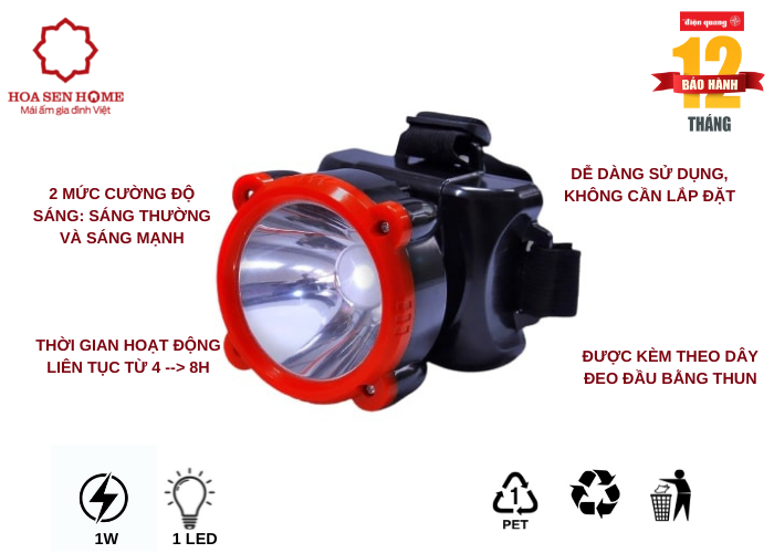 Đèn pin đội đầu PFL11 R BLR ( Pin sạc, Đen-đỏ, 1W )