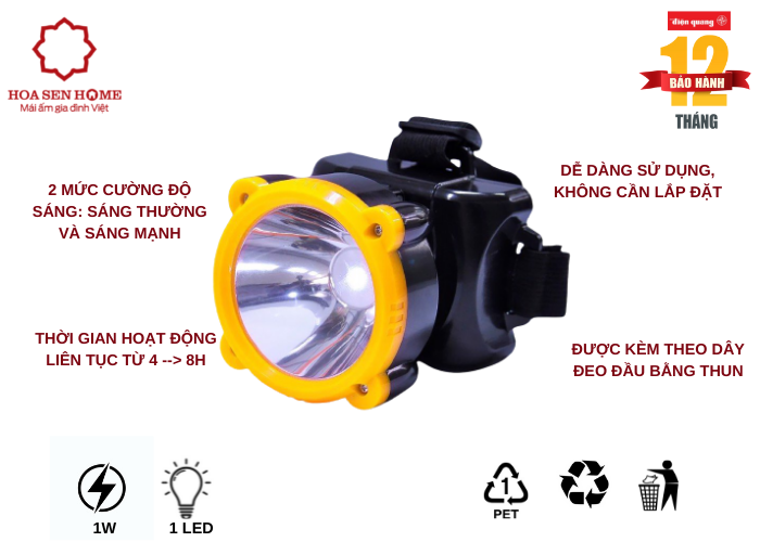 Đèn pin đội đầu PFL11 R BLY (Pin sạc, Đen-vàng, 1W)
