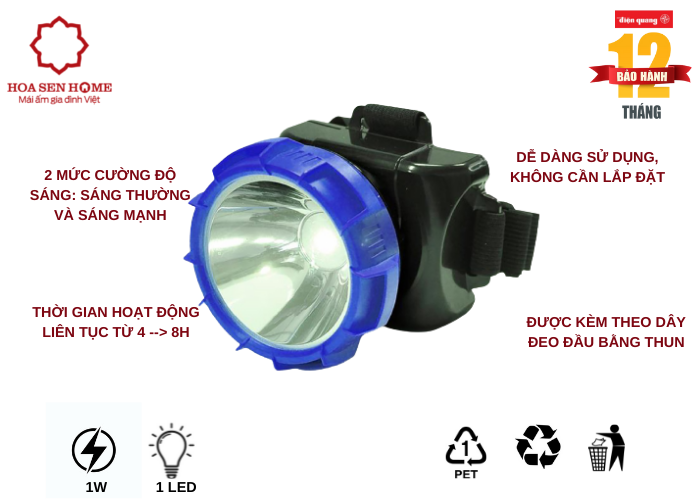 Đèn pin đội đầu PFL12 R BLB ( Pin sạc, Đen-xanh dương, 1W )