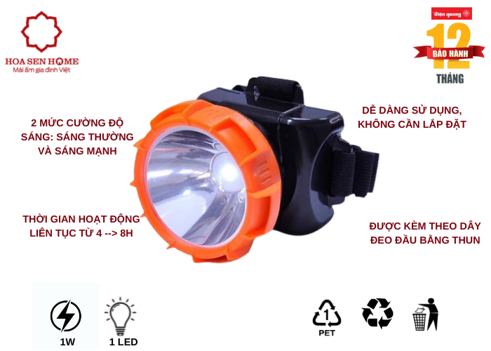Đèn pin đội đầu PFL12 R BLO (Pin sạc, Đen-cam, 1W)