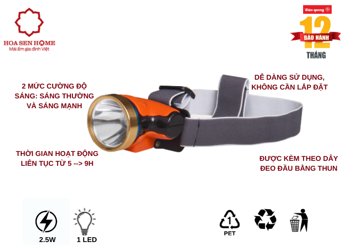 Đèn pin đội đầu PFL14 R OY DL (Pin sạc Lithium, Cam – Vàng, 2.5W, daylight)