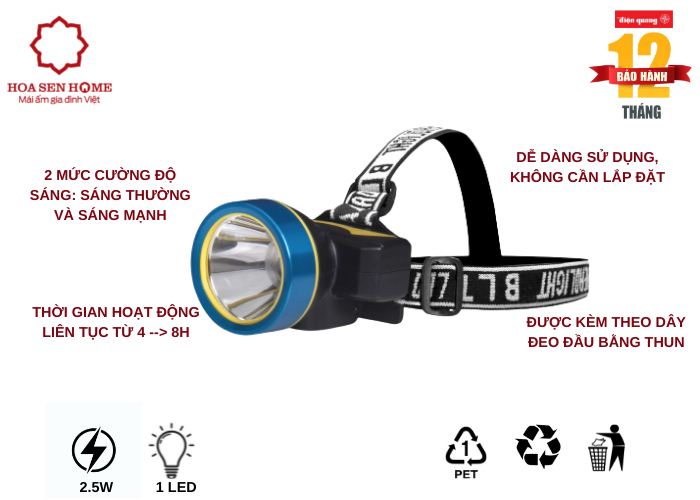 Đèn pin đội đầu PFL15 R BLB WW (Pin sạc Lithium, Đen – Xanh dương, 2.5W, warmwhite)