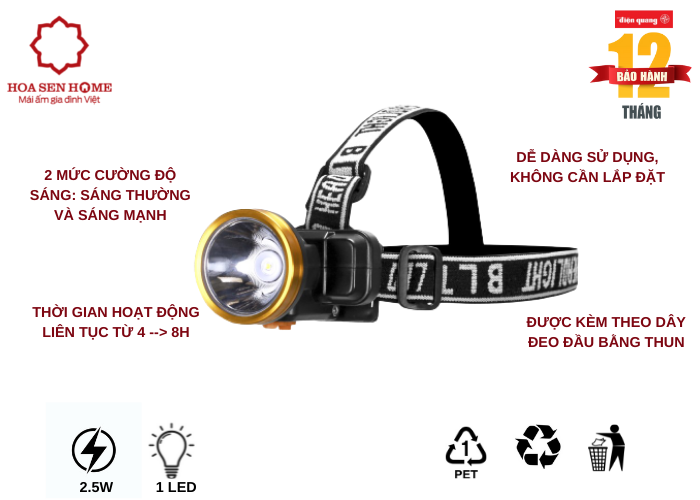 Đèn pin đội đầu PFL16 R BLY WW (Pin sạc Lithium, Đen – Vàng, 2.5W, warmwhite)