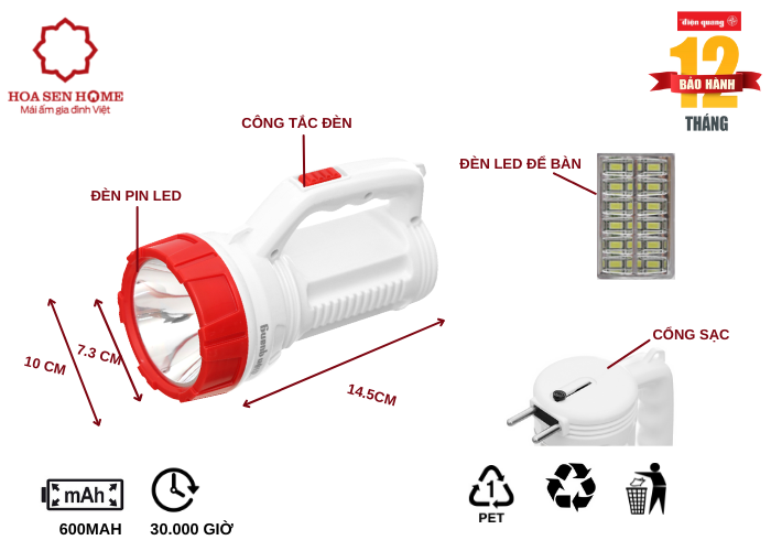 Đèn Pin LED PFL08 R WR (Pin sạc, Trắng- Đỏ)