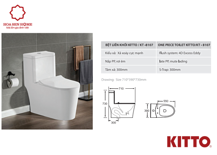 Bàn cầu 1 khối nắp êm xả 2 nút nhấn màu trắng KT-8107 KIT