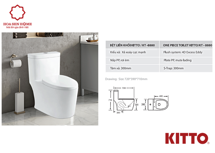 Bàn cầu 1 khối nắp êm xả 2 nút nhấn màu trắng KT-8880 KIT
