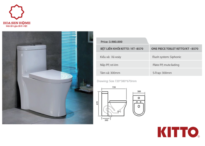 Bàn cầu 1 khối nắp êm xả 2 nút nhấn màu trắng KT-8570 KIT